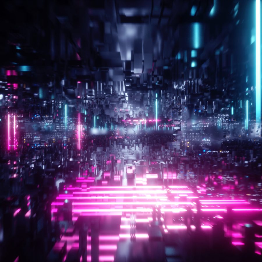 3d render, abstract futuristic urban background, virtual reality, cyber safety, electronics, networking, cryptography, quantum computer